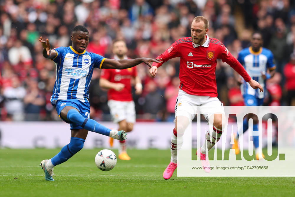 Brighton and Hove Albion v Manchester United, ManU - The FA Cup - Semi-Final - Wembley Stadium April 23, 2023, London: London, England, 23rd April 2023. Moises Caicedo of Brighton and Hove Albion (left) and Christian Eriksen of Manchester United (right) battle for the ball during the The FA Cup match at Wembley Stadium, London. London