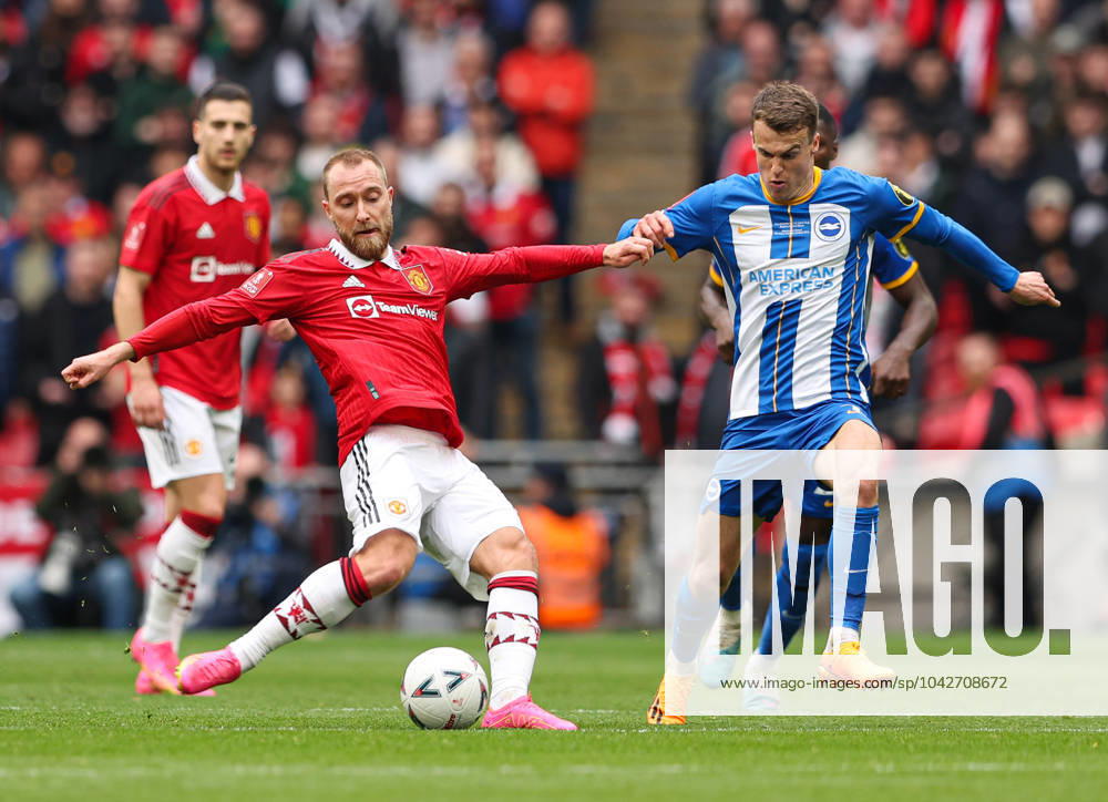 Brighton and Hove Albion v Manchester United, ManU - The FA Cup - Semi-Final - Wembley Stadium April 23, 2023, London: London, England, 23rd April 2023. Christian Eriksen of Manchester United (left) and Solly March of Brighton and Hove Albion (right) battle for the ball during the The FA Cup match at Wembley Stadium, London. London