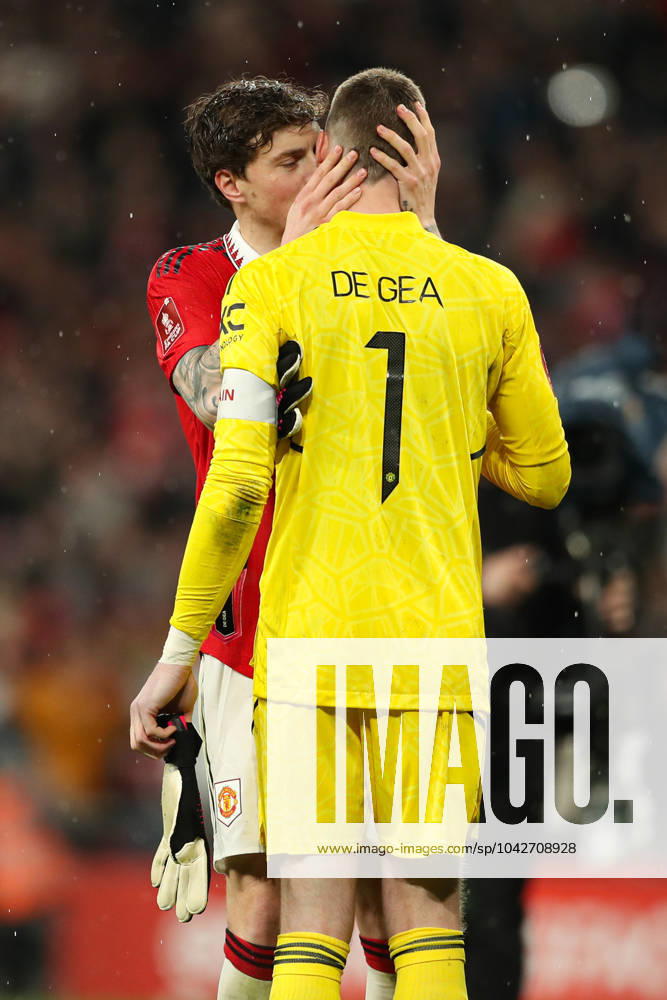 Brighton and Hove Albion v Manchester United, ManU - The FA Cup - Semi-Final - Wembley Stadium April 23, 2023, London: London, England, 23rd April 2023. Victor Lindelof of Manchester United kisses David de Gea of Manchester United (right) after scoring the winning penalty in the shootout during the The FA Cup match at Wembley Stadium, London. London