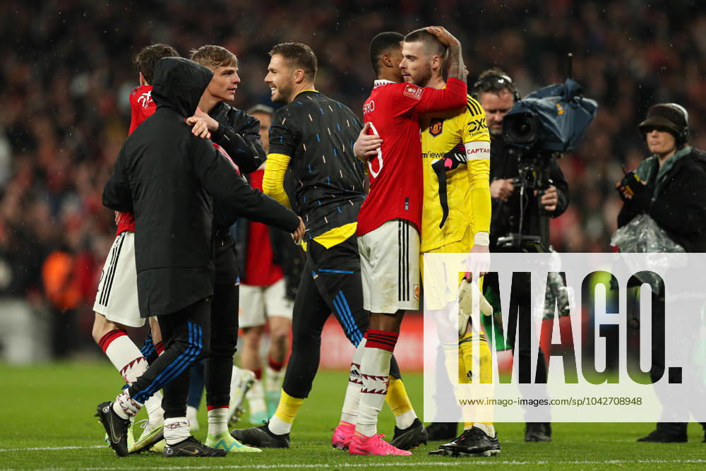 Brighton and Hove Albion v Manchester United, ManU - The FA Cup - Semi-Final - Wembley Stadium April 23, 2023, London: London, England, 23rd April 2023. Marcus Rashford of Manchester United hugs David de Gea of Manchester United after the penalty shootout during the The FA Cup match at Wembley Stadium, London. London