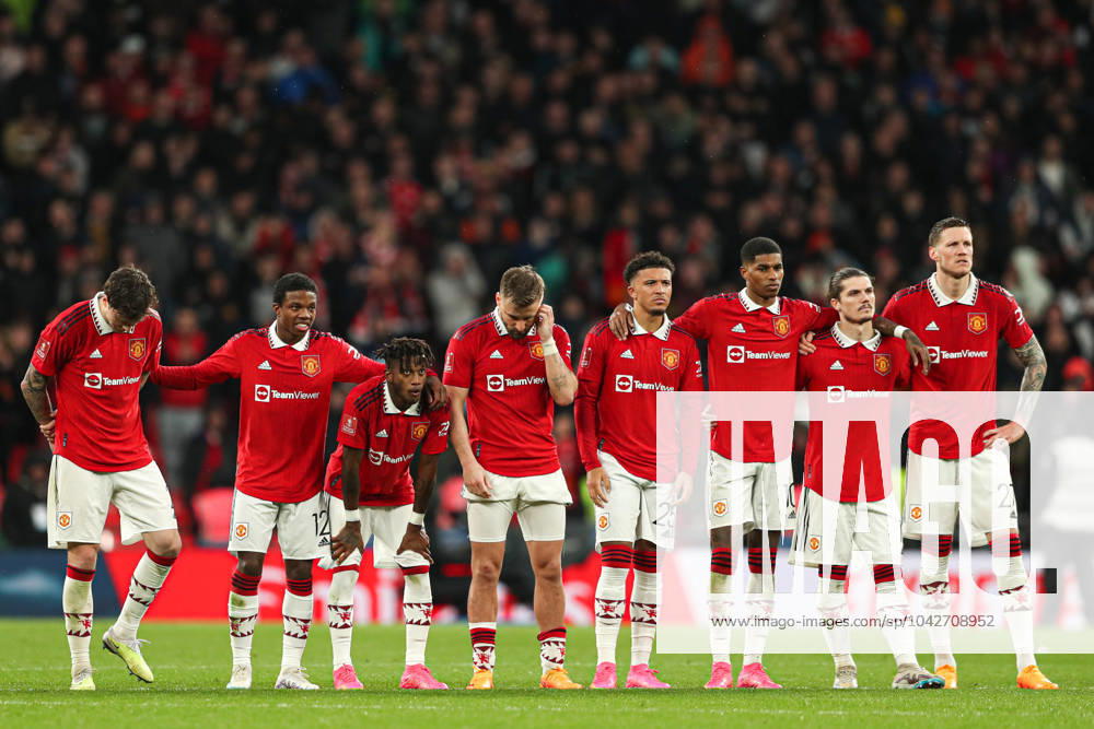 Brighton and Hove Albion v Manchester United, ManU - The FA Cup - Semi-Final - Wembley Stadium April 23, 2023, London: London, England, 23rd April 2023. The Manchester United players stand on the halfway line during the penalty shootout during the The FA Cup match at Wembley Stadium, London. London