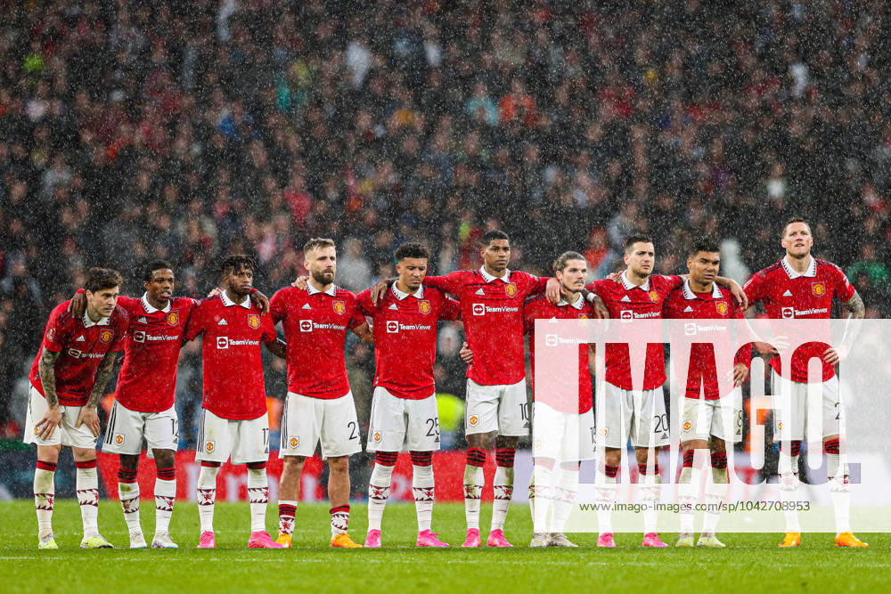 Brighton and Hove Albion v Manchester United, ManU - The FA Cup - Semi-Final - Wembley Stadium April 23, 2023, London: London, England, 23rd April 2023. The Manchester United players stand on the halfway line during the penalty shootout during the The FA Cup match at Wembley Stadium, London. London