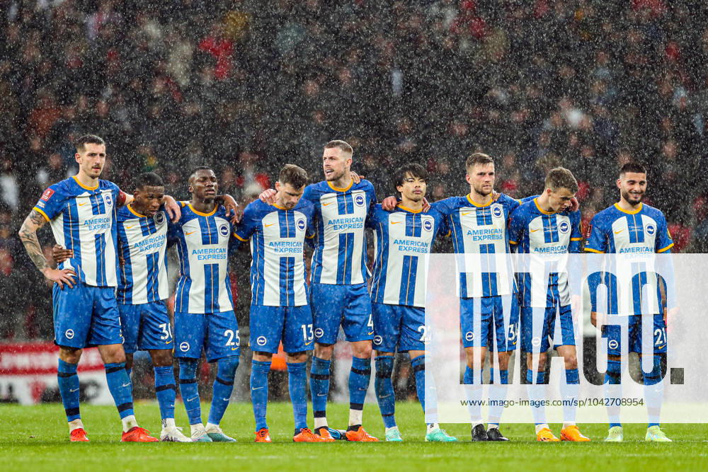 Brighton and Hove Albion v Manchester United, ManU - The FA Cup - Semi-Final - Wembley Stadium April 23, 2023, London: London, England, 23rd April 2023. The Brighton and Hove Albion players stand on the halfway line during the penalty shootout during the The FA Cup match at Wembley Stadium, London. London