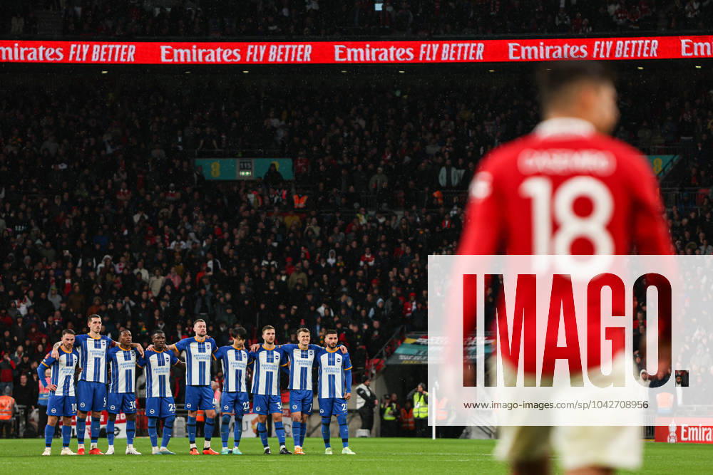 Brighton and Hove Albion v Manchester United, ManU - The FA Cup - Semi-Final - Wembley Stadium April 23, 2023, London: London, England, 23rd April 2023. The Brighton and Hove Albion players stand on the halfway line during the penalty shootout during the The FA Cup match at Wembley Stadium, London. London