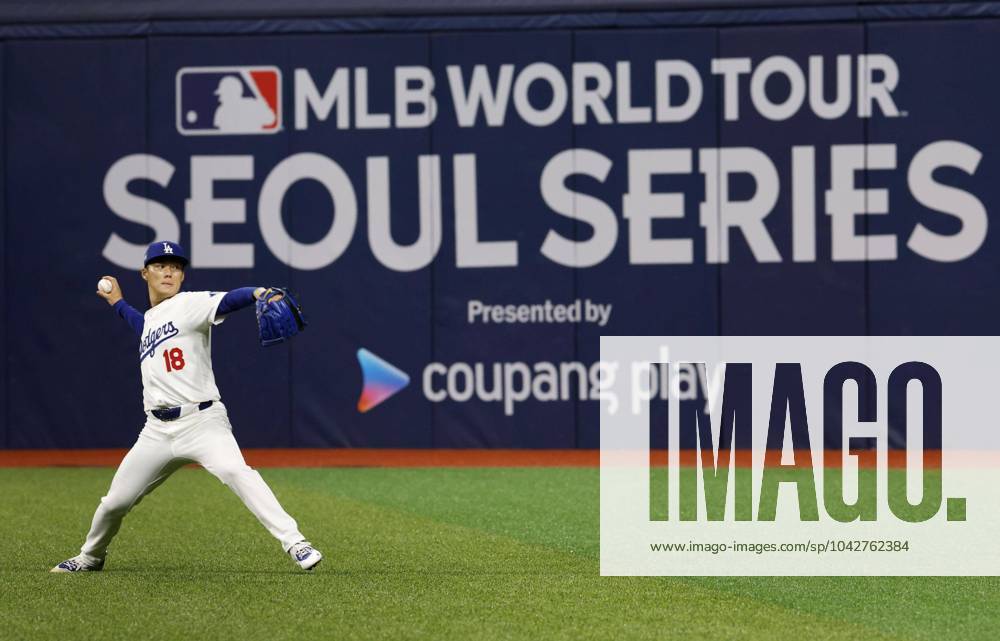 Baseball: MLB, Baseball Herren, USA Seoul Series Los Angeles Dodgers pitcher Yoshinobu Yamamoto warms up before starting for the second game of MLB s season-opening two-game series against the San Diego Padres at Seoul s Gocheok Sky Dome on March 21, 2024. A14AA0002621384P