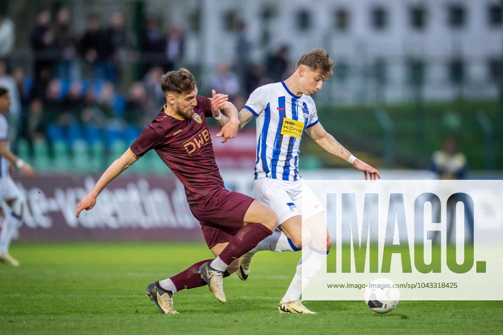 Regionalliga: BFC Dynamo vs Hertha BSC II; Berlin, 05.04.2024 Amar Suljic (BFC Dynamo, 26), Veit Stange (Hertha BSC II, 38) Regionalliga, BFC Dynamo vs Hertha BSC II, Sportforum Hohenschönhausen, Berlin 05.04.2024