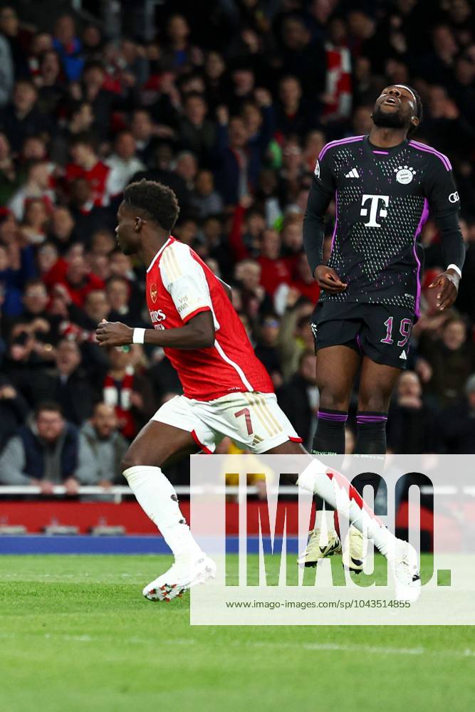 Bukayo Saka of Arsenal celebrates scoring a goal for their side to make it 1-0 Arsenal v Bayern Munich, UEFA Champions League, Quarter Final, First Leg, Football, Emirates Stadium, London, UK - 09 Apr 2024