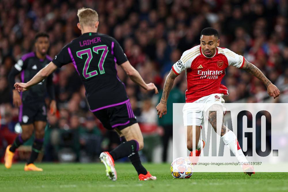 Gabriel Jesus of Arsenal under pressure from Konrad Laimer of Bayern Munich Arsenal v Bayern Munich, UEFA Champions League, Quarter Final, First Leg, Football, Emirates Stadium, London, UK - 09 Apr 2024