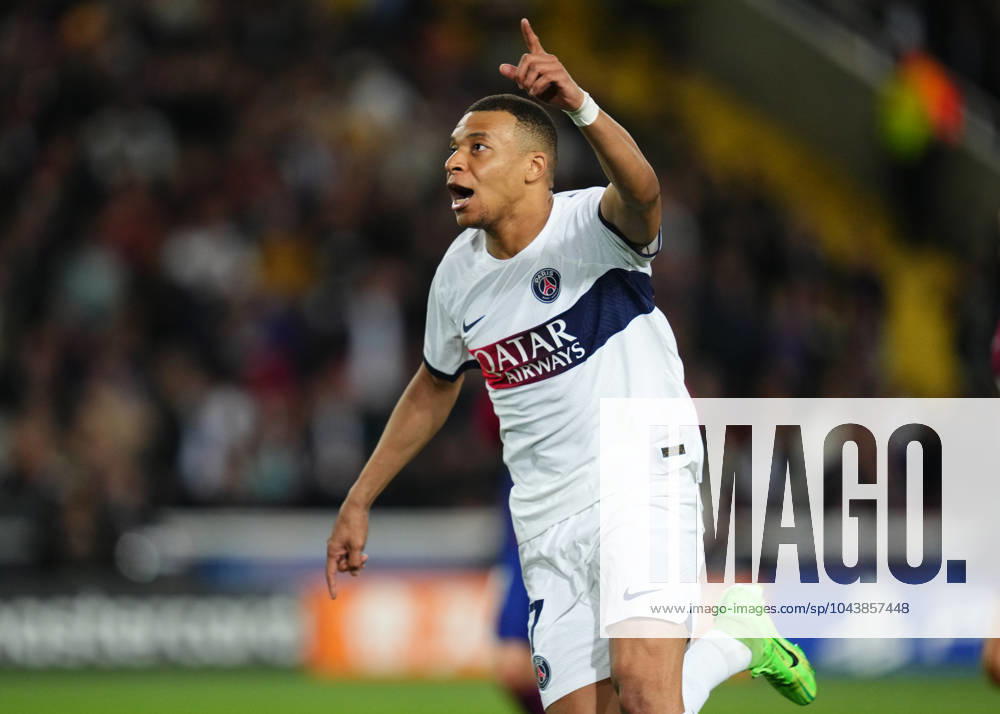 ESP: FC Barcelona, Barca v Paris Saint Germain PSG UEFA Champions League match. Quarter-finals Kilian Mbappe of Paris Saint-Germain celebrates the 1-3 during the UEFA Champions League match, Quarter-finals, second leg, between FC Barcelona v Paris Saint Germain PSG played at Lluis Companys Stadium on April 16, 2024 in Barcelona Spain. kpng