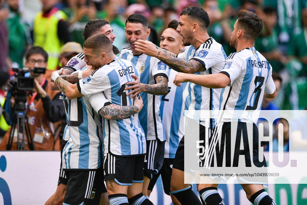 2022-11-22 Argentina v Saudi Arabia - Group C - FIFA World Cup, WM, Weltmeisterschaft, Fussball Qatar 2022 LUSAIL CITY, QATAR - NOVEMBER 22: Lionel Messi of Argentinia celebrates after scoring his sides first goal with Alejandro Gomez of Argentinia, Nicolas Tagliafico of Argentinia, Angel Di Maria of Argentinia and Leandro Paredes of Argentinia during the Group C - FIFA World Cup Qatar 2022 match between Argentina and Saudi Arabia at the Lusail Stadium on November 22, 2022 in Lusail City, Qatar (Photo by Pablo Morano BSR Agency) Lusail City Qatar Content not available for redistribution in The Netherlands directly or indirectly through any third parties.