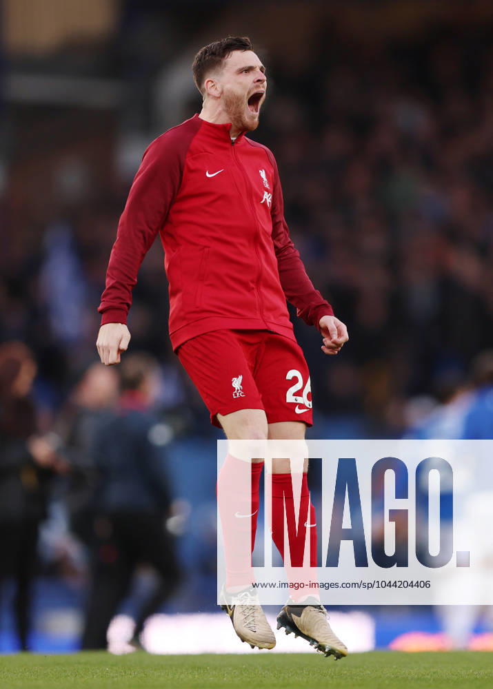 Liverpool, England, 24th April 2024. Andrew Robertson of Liverpool shouts at the travelling fans during the Premier League match at Goodison Park, Liverpool. Picture credit should read: Cameron Smith Sportimage . SPI-3103-0003