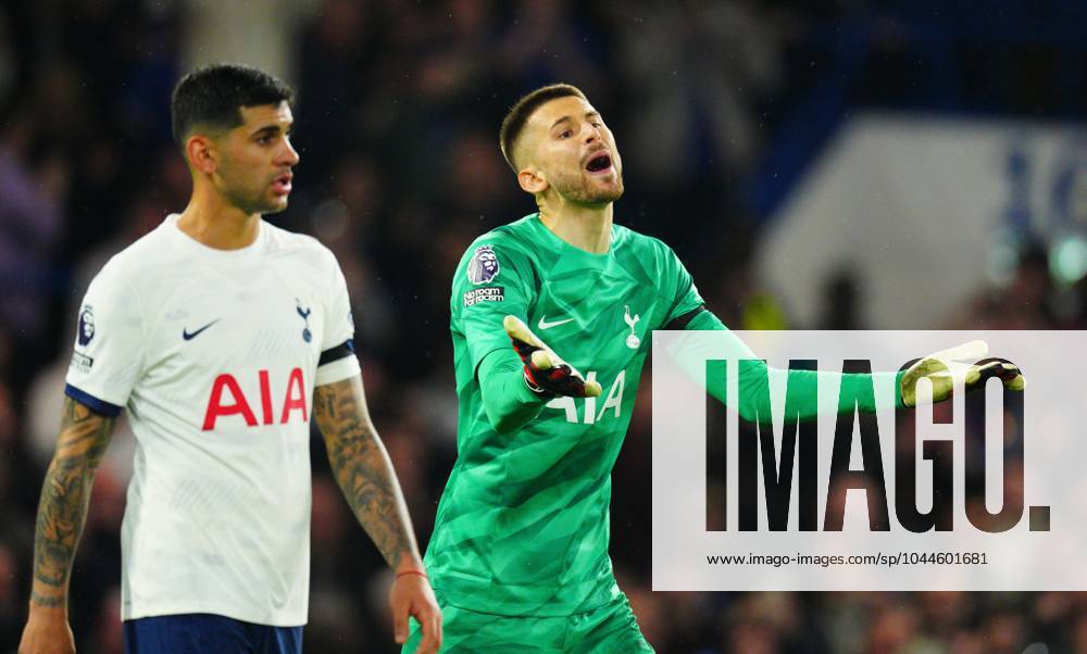 Tottenham Hotspur goalkeeper Guglielmo Vicario reacts after conceding the second goal Chelsea v Tottenham Hotspur, Premier League, Football, Stamford Bridge, London, UK