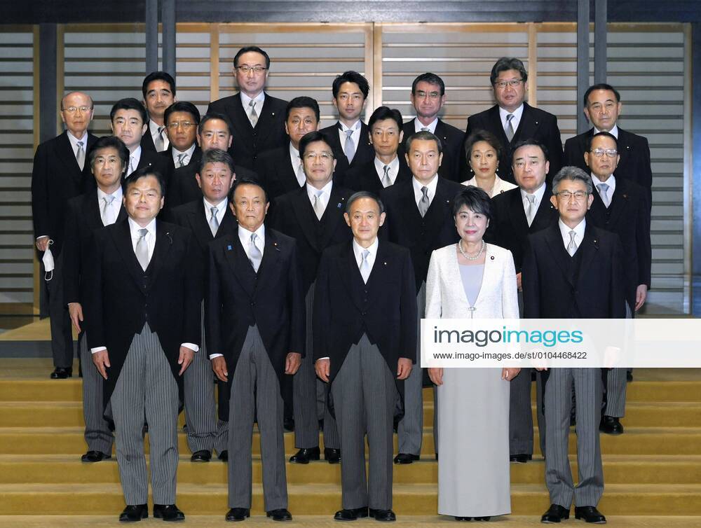 New Japan PM Suga s Cabinet Japan s newly elected Prime Minister Yoshihide Suga (C, front row) and his Cabinet members pose for a photo at the Imperial Palace in Tokyo on Sept. 16, 2020. (Pool photo)