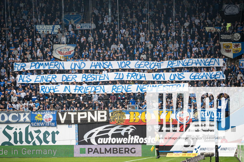 Rostock, Deutschland 04. Mai 2024: 2. BL - 2023 2024 - FC Hansa Rostock vs. Karlsruher SC Im Bild: Banner Für Pommern und Hansa vor Gericht reingehauen, als einer der besten zu früh von uns gegangen, ruhe in frieden rene neumeister DFL regulations prohibit any use of photographs as image sequences and or quasi-video.