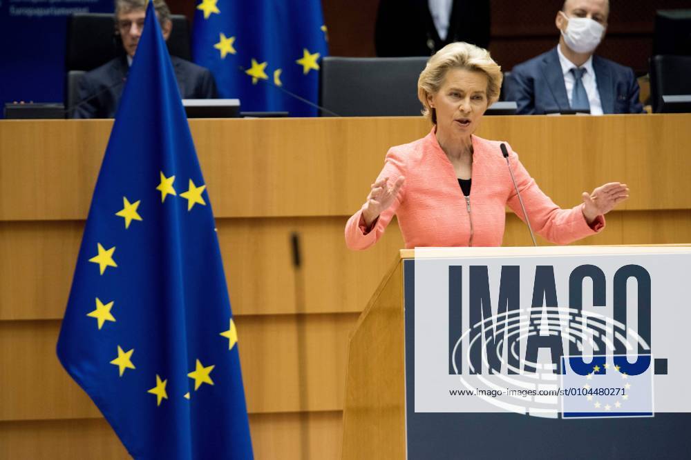 (200916) -- BRUSSELS, Sept. 16, 2020 -- European Commission President Ursula von der Leyen delivers her first State of Union address to the European Parliament in Brussels, Belgium, Sept. 16, 2020. ( Handout via Xinhua) BELGIUM-BRUSSELS-EU-VON DER LEYEN-STATE OF UNION-SPEECH EuropeanxUnion