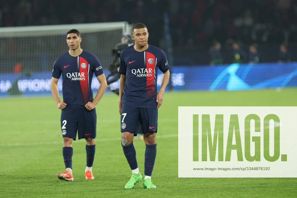 PSG - DORTMUND PHOTOPQR LE PARISIEN Le Parisien Arnaud Journois ; PARIS ; 07 05 2024 ; FOOTBALL , LIGUE DES CHAMPIONS UEFA , DEMI FINALE RETOUR , 07 05 2024 , PARIS , PARC DES PRINCES PARIS SG - BORUSSIA DORTMUND Achraf Hakimi et Kylian Mbappé. PHOTO LE PARISIEN ARNAUD JOURNOIS PARIS France