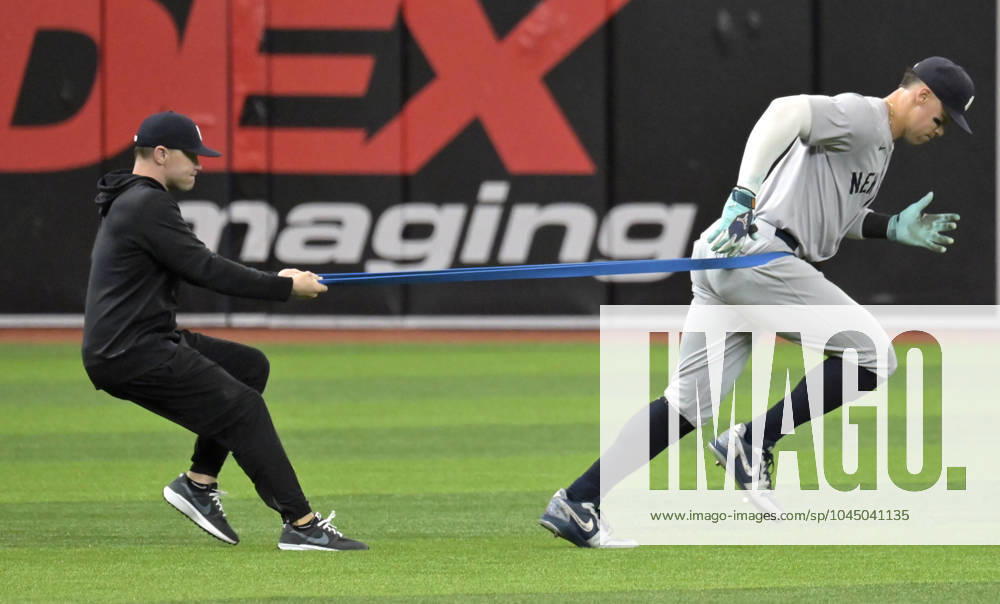 New York Yankees outfielder Aaron Judge loosens up before a baseball game against the Tampa Bay Rays at Tropicana Field in St. Petersburg, Florida on Saturday, May 11, 2024. FLSN20240511102 STEVExNESIUS