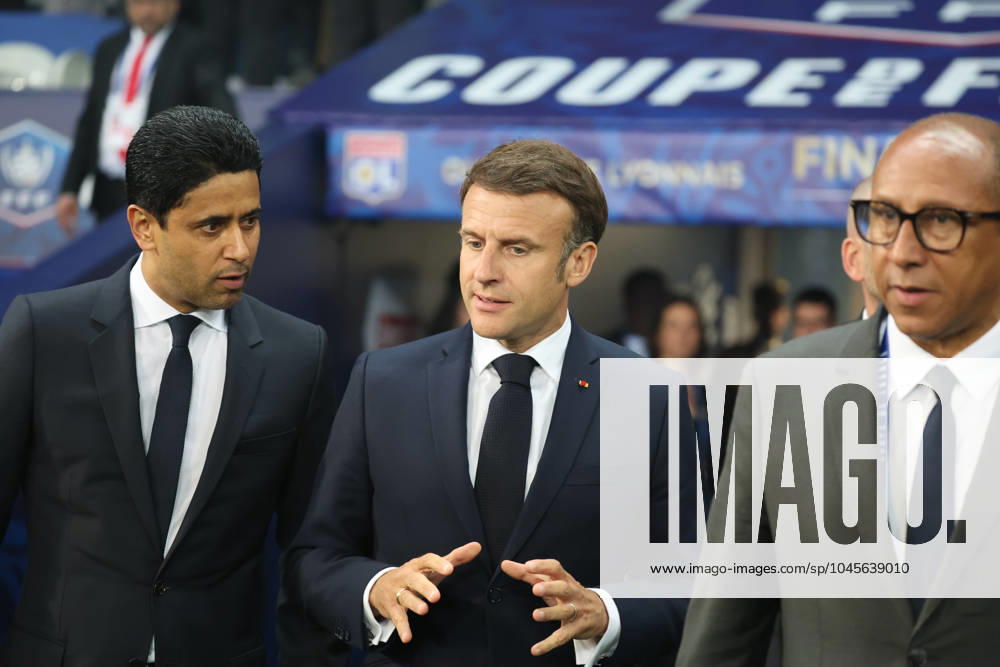Emmanuel MACRON Prà sident de la Rà publique Francaise et Nasser AL-KHELAÃFI (Prà sident du PSG) lors du match Olympique Lyonnais vs Paris Saint-Germain, Finale Coupe de France, Decathlon Arena stade Pierre Mauroy, le 25 mai 2024 FOOTBALL : Olympique Lyonnais vs Paris Saint-Germain - Finale Coupe de France 25 05 2024 LaurentSanson Panoramic