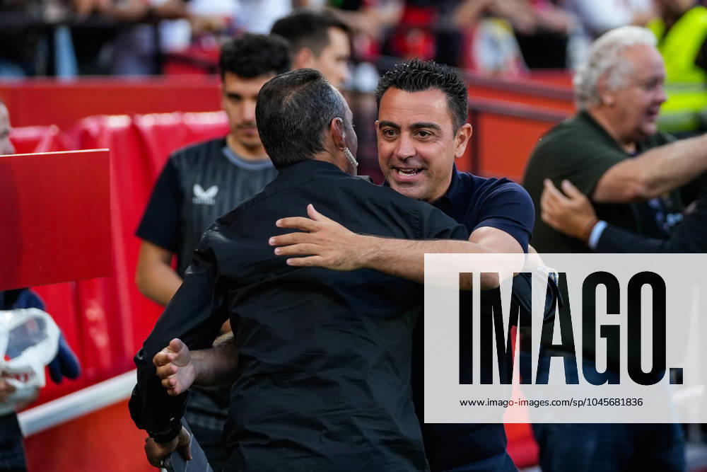 Xavi Hernandez, head coach of FC Barcelona, Barca saludates to Quique Sanchez Flores, head coach of Sevilla FC, during the Spanish league, LaLiga EA Sports, football match played between Sevilla FC and FC Barcelona at Ramon Sanchez-Pizjuan stadium on May 26, 2024, in Sevilla, Spain. Sevilla SPAIN - ZUMAa181 20240526_zaa_a181_095