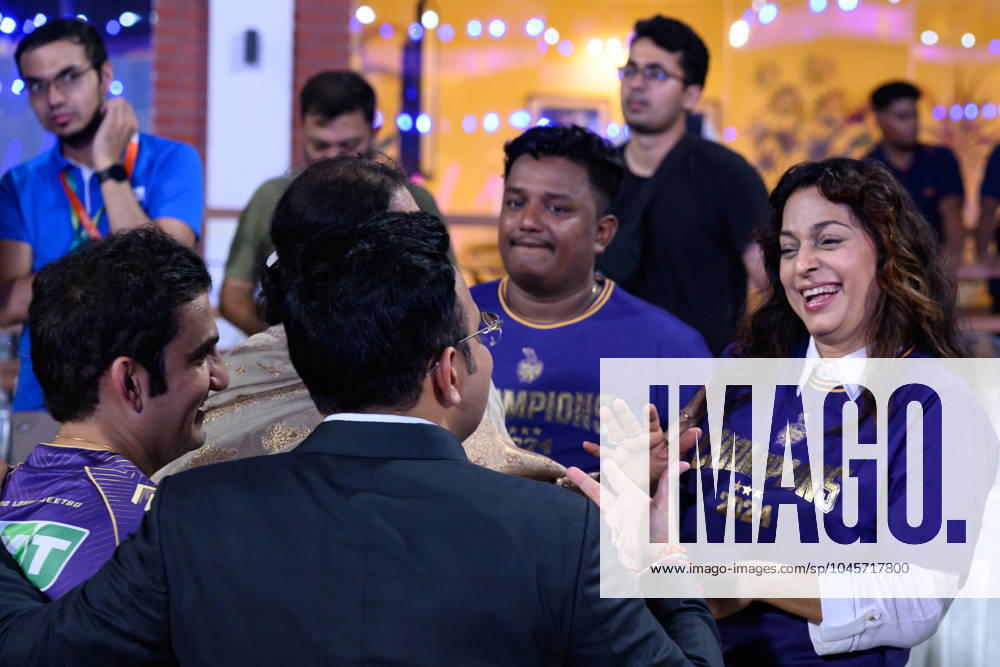 Chennai, May26th, 2024 - Bollywood actor and Kolkatta Knight Riders team owner Juhi Chawla talks to the BCCI secretary Jay Shah and team mentor Gautam Gambhir post her team winning the IPL2024,T20,Finals after they defeated the Sunrisers Hyderabad at the M.A.Chidambaram Stadium in Chennai, India. Chennai India - ZUMAc251 20240526_znp_c251_070