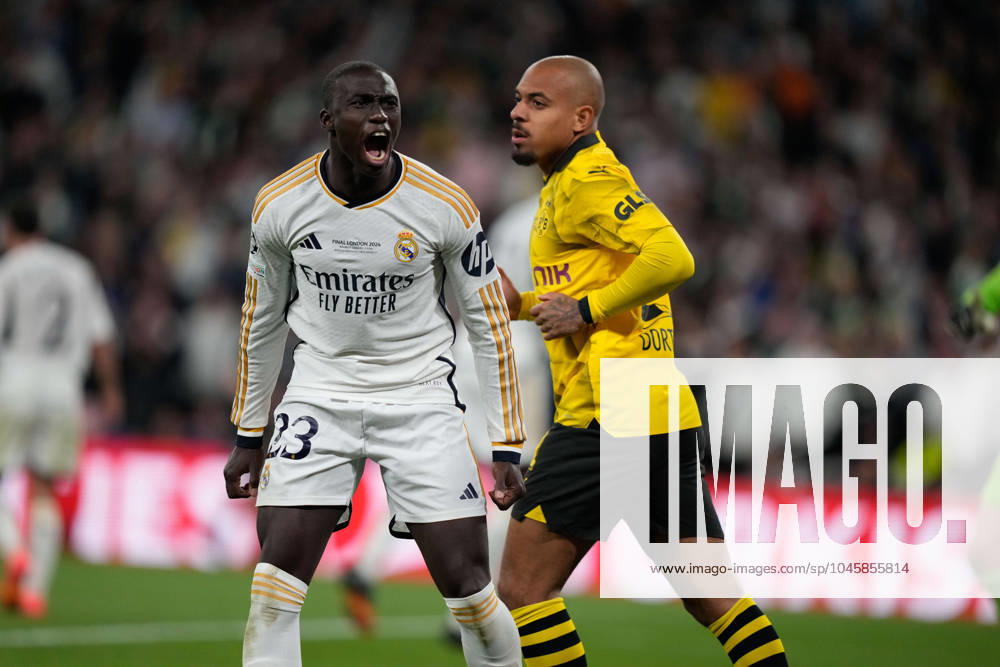 UEFA Champions League 2024 Final: Borussia Dortmund vs. Real Madrid Ferland Mendy celebrates Vinicius Junior s goal during the UEFA Champions League final match between Borussia Dortmund and Real Madrid on 1 June 2024, in London, United Kingdom London Wembley Stadium United Kingdom