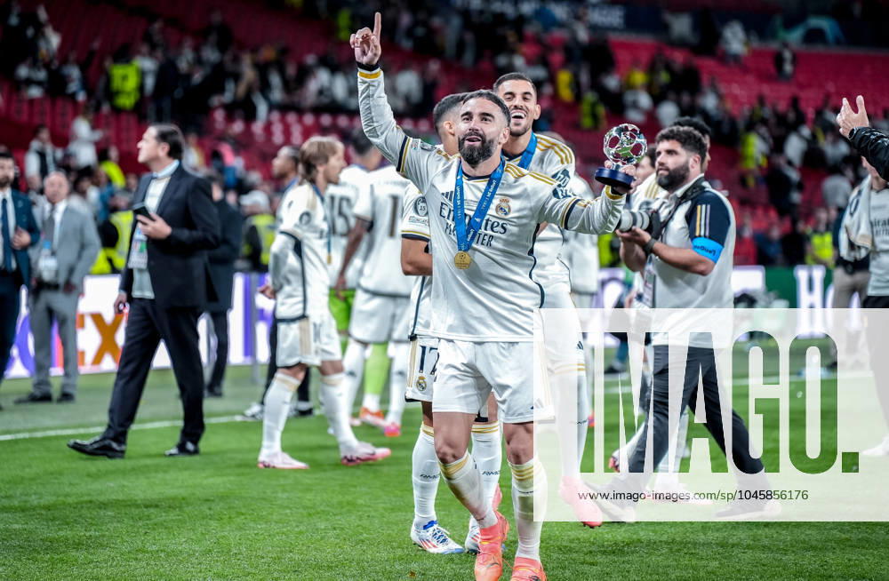UEFA Champions League 2024 Final: Borussia Dortmund vs. Real Madrid Lucas Vazquez, Dani Ceballos, and Dani Carvajal celebrate, as Real Madrid win their 15th Champions League title after the UEFA Champions League final match between Borussia Dortmund and Real Madrid on 1 June 2024, in London, United Kingdom London Wembley Stadium United Kingdom