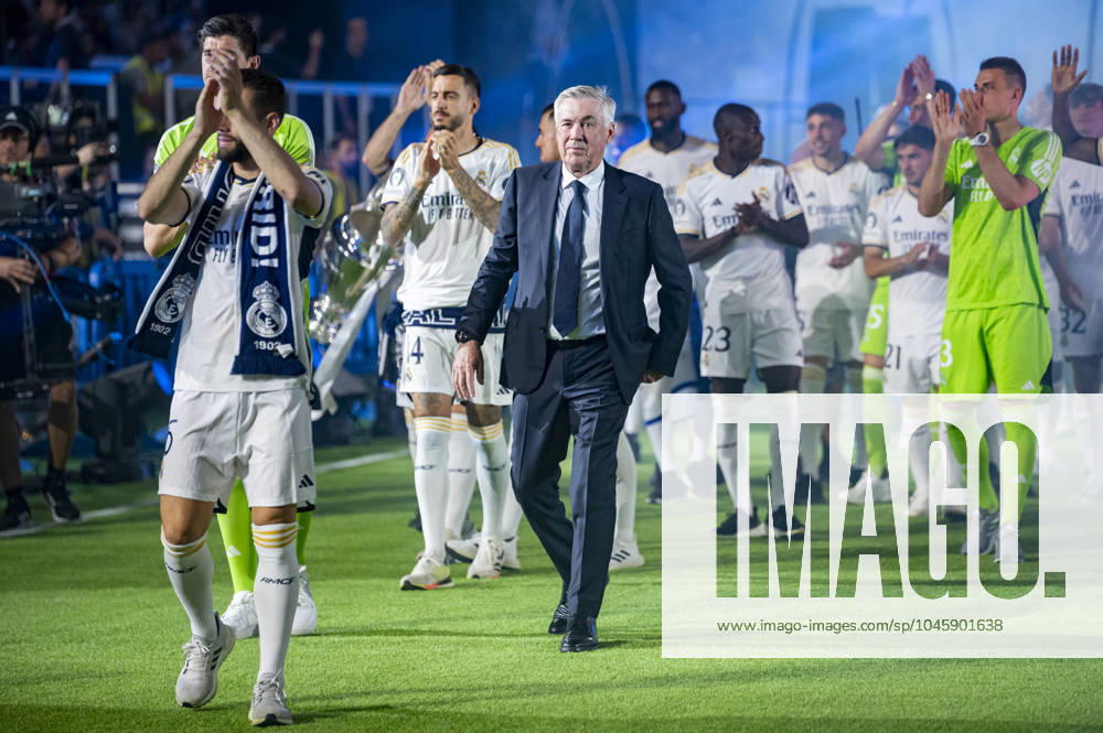 Real Madrid UEFA Champions League Trophy Parade 2024 Carlo Ancelotti, coach of Real Madrid, seen walking with his players at Santiago Bernabeu Stadium during Real Madrid UEFA Champions League Trophy Parade on June 2, 2024 in Madrid, Spain. Madrid Estadio Santiago Bernabeu Madrid Spain