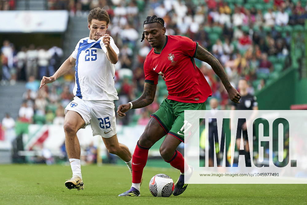Portugal V Finland - International Friendly, Länderspiel, Nationalmannschaft Juho Talvitie of Finland is competing for the ball with Rafael Leao of Portugal during the international friendly match between Portugal and Finland at Jose Alvalade Stadium in Lisbon, Portugal, on June 04, 2024. Lisbon Portugal