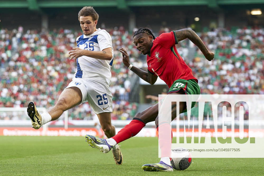 Portugal V Finland - International Friendly, Länderspiel, Nationalmannschaft Juho Talvitie of Finland is competing for the ball with Rafael Leao of Portugal during the international friendly match between Portugal and Finland at Jose Alvalade Stadium in Lisbon, Portugal, on June 04, 2024. Lisbon Portugal