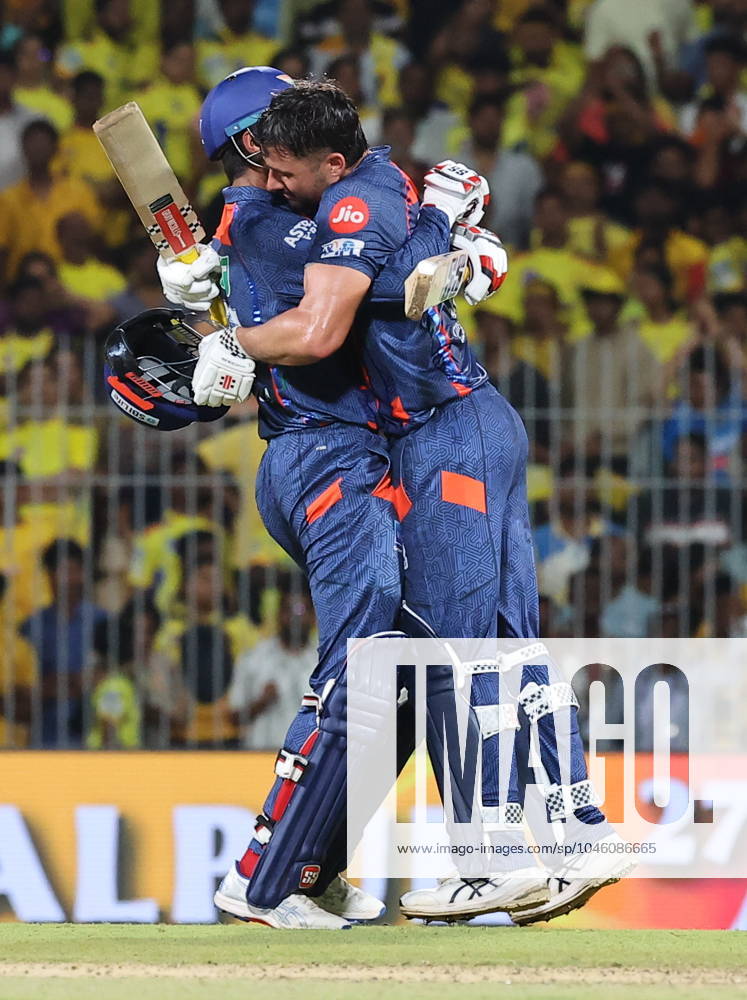 Cricket : Tata IPL 2024 Tata IPL 2024 : Chennai, India, 23rd April 2024: CSK Vs LSG : ( Chennai Super Kings Vs Lucknow Super Giants) In MAC Stadium Chennai. CSK WERE 210-4 IN 20 OVERS. LSG WON BY 6 WICKETS IN 19.3 OVERS. STONIS 124 NOT OUT. Stonis being Celebrated Seshadri SUKUMAR