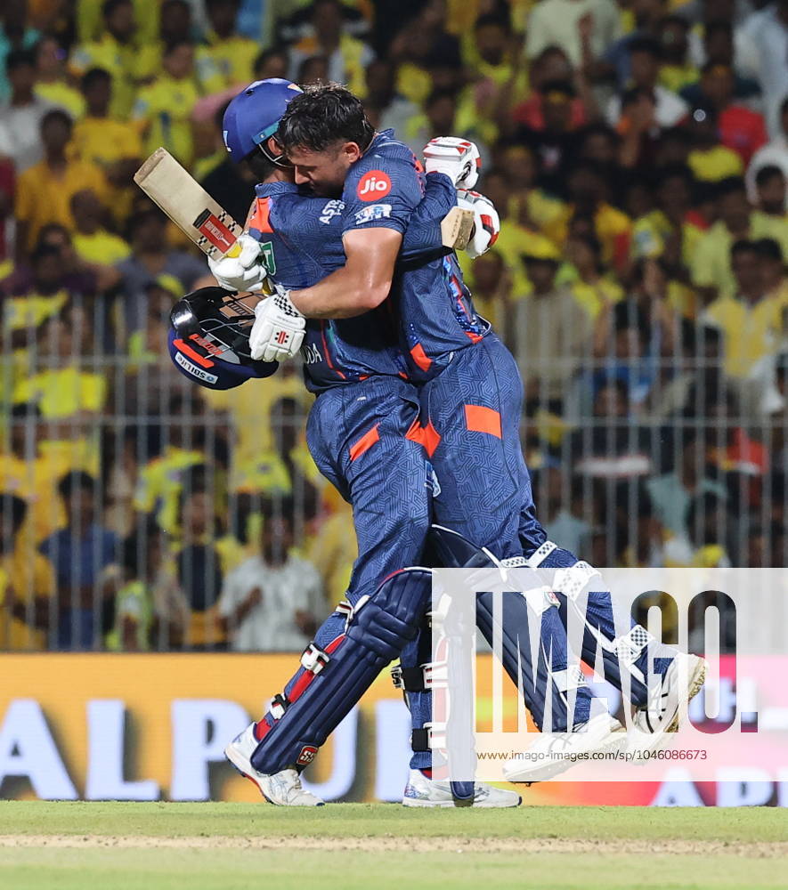 Cricket : Tata IPL 2024 Tata IPL 2024 : Chennai, India, 23rd April 2024: CSK Vs LSG : ( Chennai Super Kings Vs Lucknow Super Giants) In MAC Stadium Chennai. CSK WERE 210-4 IN 20 OVERS. LSG WON BY 6 WICKETS IN 19.3 OVERS. STONIS 124 NOT OUT. Stonis being Celebrated Seshadri SUKUMAR