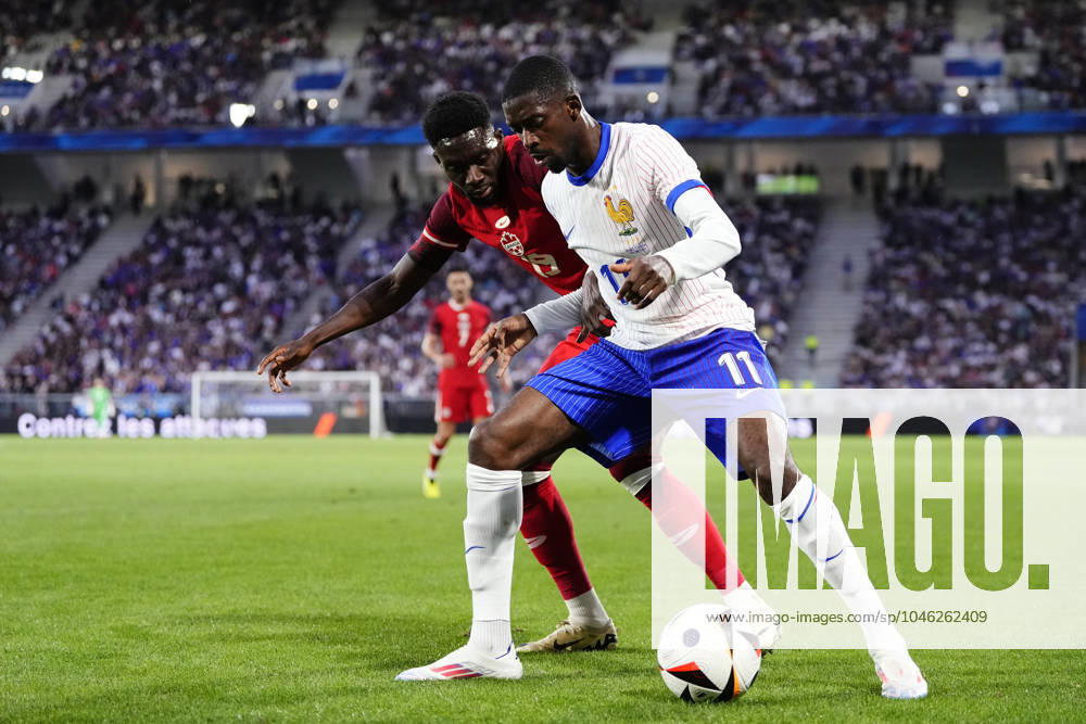 France v Canada - International Friendly, Länderspiel, Nationalmannschaft Ousmane Dembele right winger of France and Paris Saint-Germain and Alphonso Davies left-back of Canada and Bayern Munich compete for the ball during the friendly match between France and Canada at Nouveau Stade Bordeaux on June 9, 2024 in Bordeaux, France. Bordeaux France