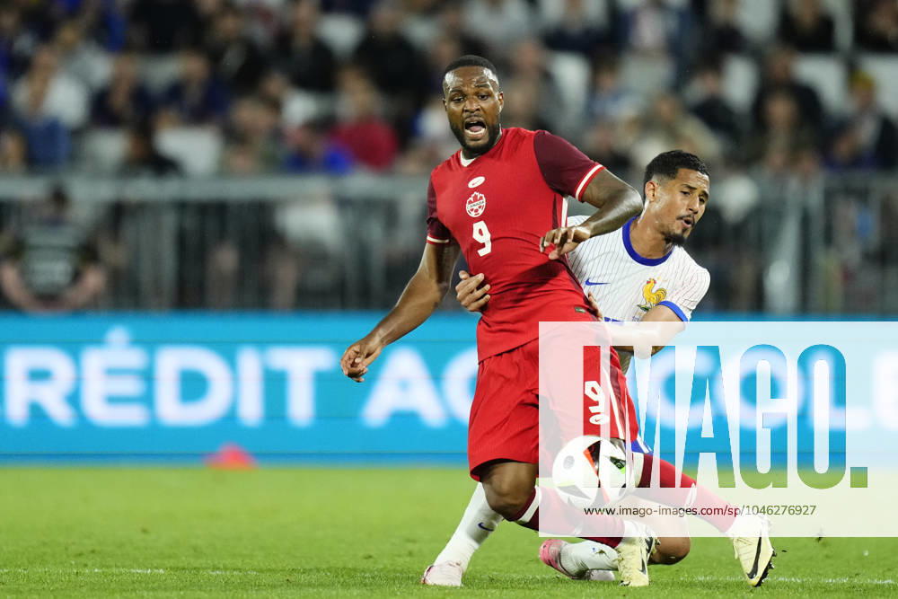 France v Canada - International Friendly, Länderspiel, Nationalmannschaft Cyle Larin centre-forward of Canada and RCD Mallorca and William Saliba centre-back of France and Arsenal FC compete for the ball during the friendly match between France and Canada at Nouveau Stade Bordeaux on June 9, 2024 in Bordeaux, France. Bordeaux France