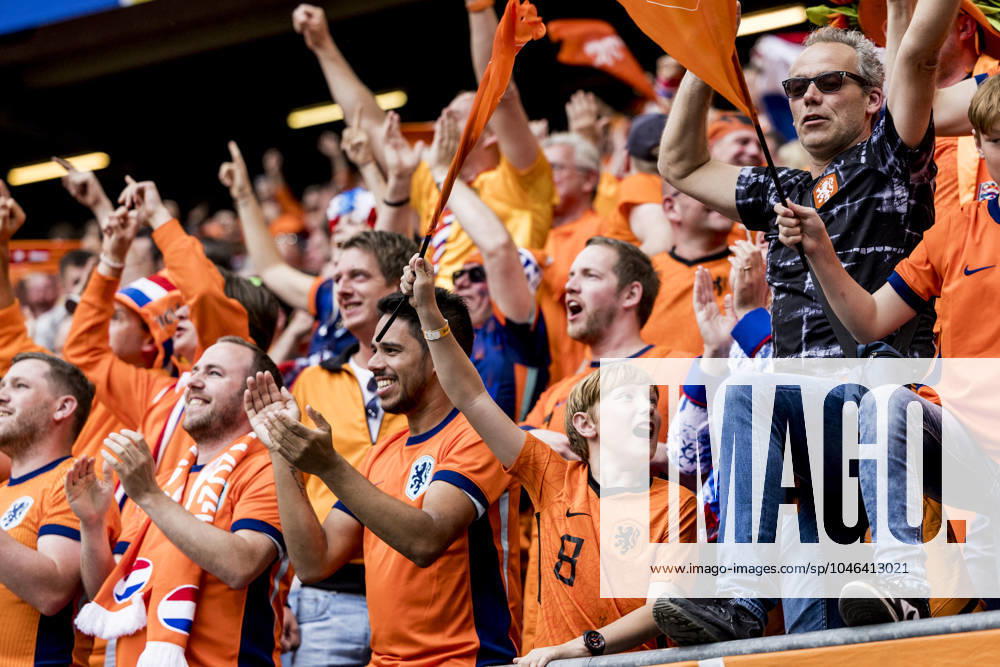 Poland v Netherlands, UEFA EURO, EM, Europameisterschaft,Fussball 2024, Hamburg, Germany Hamburg, Germany. 16th, June 2024. Football fans of the Netherlands seen in celebration on the stands during the UEFA Euro 2024 match in Group D between Poland and the Netherlands at Volksparkstadion in Hamburg. Hamburg Germany