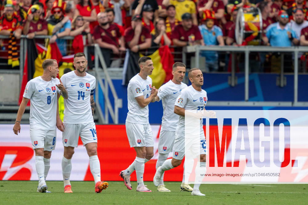 GER, EURO 2024, Group E, Belgien (BEL) vs Slowakei (SVK) 17.06.2024, Frankfurt Arena, Frankfurt, GER, EURO 2024, Group E, Belgien (BEL) vs Slowakei (SVK) Im Bild: Jubel nach dem Tor zum 0 : ;Torjubel Jubel; jubelt; jubeln; durch Ivan Schranz (Slowakei SVK, 26); Gestik, Mimik, Emotionen;