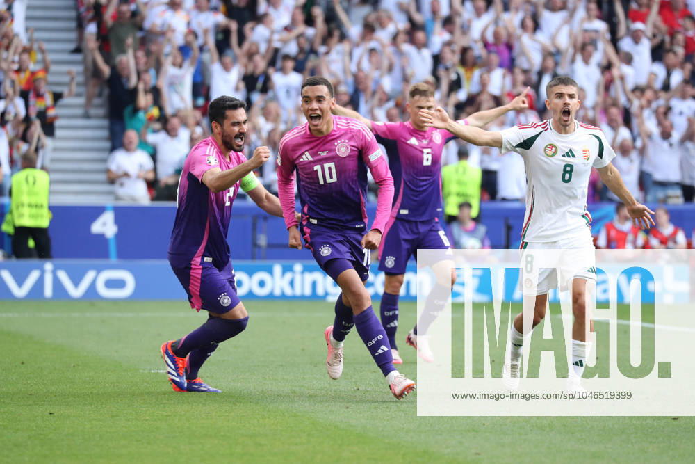 Germany - UEFA EURO, EM, Europameisterschaft,Fussball 2024 - Germany vs Hungary - 19 06 2024 GERMANY, STUTTGART, JUNE 19. Jamal Musiala of Germany celebrates after scoring a goal while Adam Nagy of Hungary (R) protests during the UEFA EURO 2024 group A stage match between Germany and Hungary. On June 19, 2024 at Stuttgart Arena in Stuttgart, Germany. Photo by Manuel Blondeau AOP.Press Stuttgart Stuttgart Arena Germany
