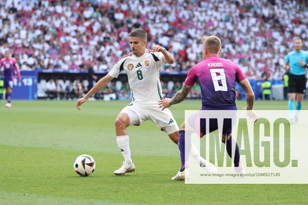 Germany - UEFA EURO, EM, Europameisterschaft,Fussball 2024 - Germany vs Hungary - 19 06 2024 GERMANY, STUTTGART, JUNE 19. Adam Nagy of Hungary challenges Toni Kroos of Germany during the UEFA EURO 2024 group A stage match between Germany and Hungary. On June 19, 2024 at Stuttgart Arena in Stuttgart, Germany. Photo by Manuel Blondeau AOP.Press Stuttgart Stuttgart Arena Germany