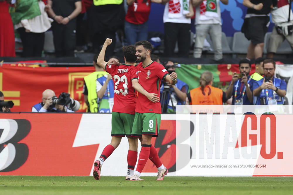 Turkey v Portugal, Dortmund Portugal Bruno Fernandes and Portugal Vitinha celebrate own goal scored by Turkey Akaydin, Samet Centre Back Panathinaikos during the Turkey vs Portugal UEFA Group F match at the BVB Stadion, Dortmund, Germany on 22 June 2024 Editorial use only. All images are copyright Every Second Media Limited. No images may be reproduced without prior permission.
