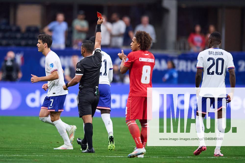 Copa America USA 2024 Panama vs United States Referee Ivan Barton of El Salvador shows a red card to Tim Weah of United States during the CONMEBOL Copa America 2024 group C match between Panama and United States (USA), at Mercedes Benz Stadium, on June 27, 2024 in Atlanta, Georgia, United States. ATLANTA GEORGIA UNITED STATES