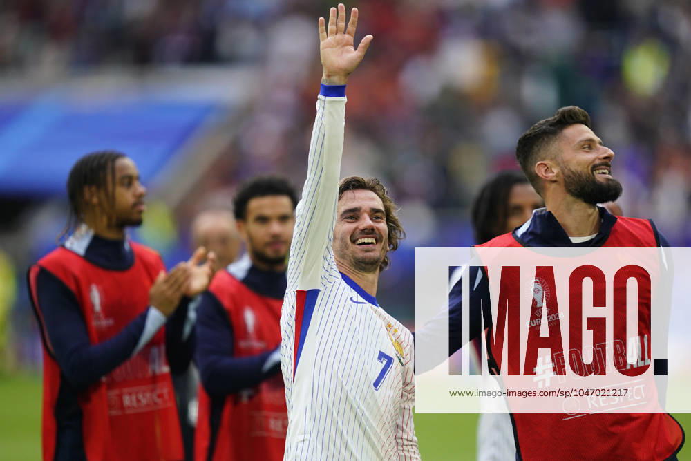 GER: France v Belgium. UEFA EURO, EM, Europameisterschaft,Fussball 2024 Antonie Griezmann of France celebrating at full time during the UEFA Euro 2024 match between France and Belgium, Round of 16, played at Dusseldorf Arena on July 1, 2024 in Düsseldorf, Germany. kpng