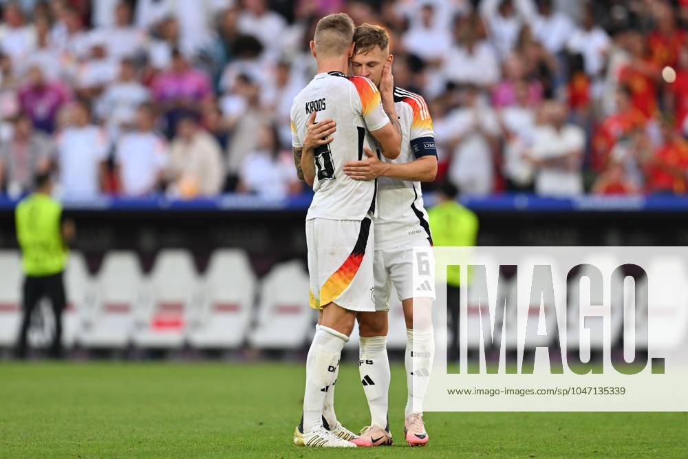 EURO2024 SPAIN VS GERMANY Toni Kroos (8) of Germany and Joshua Kimmich (6) of Germany looking dejected and disappointed after losing a soccer game between the national teams of Spain and Germany in the Quarter Final stage of the UEFA EURO, EM, Europameisterschaft,Fussball 2024 tournament , on Friday 5 July 2024 in Stuttgart , Germany . PHOTO SPORTPIX David Catry STUTTGART GERMANY