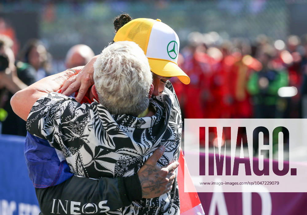 Formula One British Grand Prix Lewis Hamilton 44 (GBR), Mercedes AMG Petronas W15 hugs his mum emotional and celebrates winning the Formula One Qatar Airways British Grand Prix at the Silverstone Circuit, Silverstone, England, United Kingdom on 7 July 2024 Editorial use only. All images are copyright Every Second Media Limited. No images may be reproduced without prior permission.