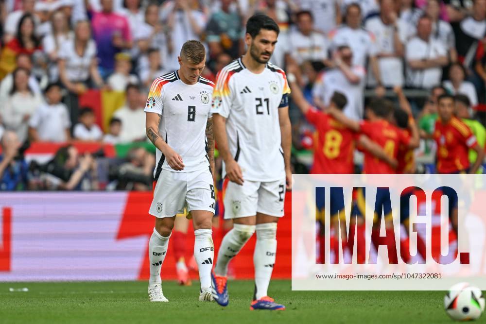 EURO2024 SPAIN VS GERMANY Toni Kroos (8) of Germany and Ilkay Gundogan (21) of Germany looking dejected and disappointed after conceding a goal during a soccer game between the national teams of Spain and Germany in the Quarter Final stage of the UEFA EURO, EM, Europameisterschaft,Fussball 2024 tournament , on Thursday 5 July 2024 in Stuttgart , Germany . PHOTO SPORTPIX David Catry STUTTGART GERMANY