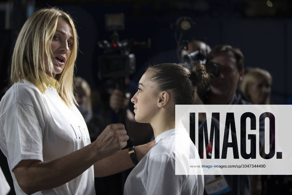 Artistic Gymnastics World Championships OCT 1 October 1, 2017: Gymnast Larisa Iordache (ROU) at podium training with legendary Romanian gymnast Nadia Comaneci, during the 47th FIG Artistic Gymnastics World Championships in Montreal, Canada. Iordache suffered an achilles tear just before the start of competition and had to withdraw. Melissa J. Perenson CSM Montreal California Canada