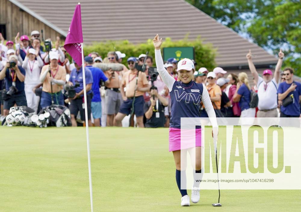 Golf: Evian Championship Ayaka Furue of Japan reacts after making an eagle putt on the 18th hole during the final round of the Evian Championship golf tournament at Evian Resort Golf Club in Evian-les-Bains, France, on July 14, 2024. A14AA0003135607P
