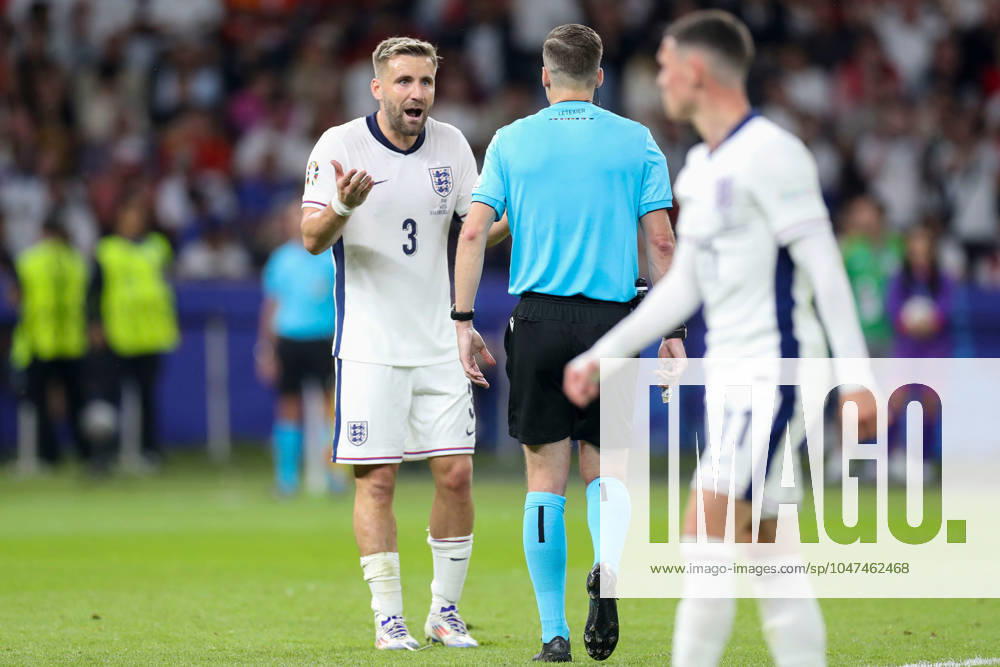 Spain v England England defender Luke Shaw argues with Referee Francois Letexier FRA during the Spain v England UEFA EURO, EM, Europameisterschaft,Fussball 2024 Final at the Olympiastadion Stadium, Berlin, Germany on 14 July 2024 Editorial use only. All images are copyright Every Second Media Limited. No images may be reproduced without prior permission.
