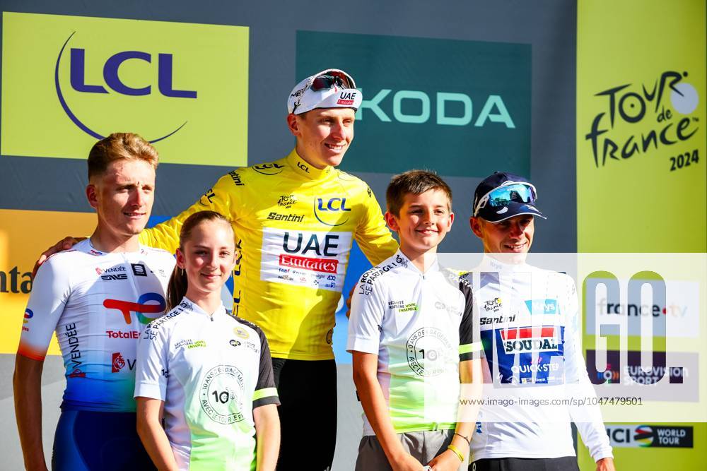 French Thomas Gachignard of TotalEnergies, Slovenian Tadej Pogacar of UAE Team Emirates and Belgian Remco Evenepoel of Soudal Quick-Step pictured on the podium after stage 16 of the 2024 Tour de France cycling race, from Gruissan to Nimes, France (188,6 km), on Tuesday 16 July 2024. The 111th edition of the Tour de France starts on Saturday 29 June and will finish in Nice, France on 21 July. DAVIDxPINTENS x96541375x