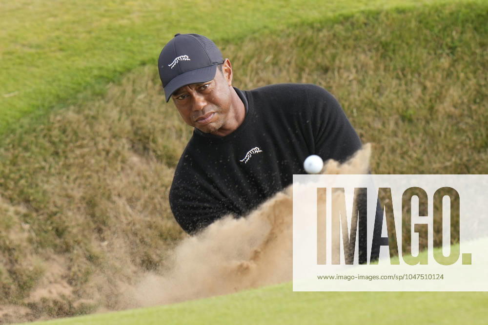 KW 29 17th July 2024; Royal Troon Golf Club, Troon, South Ayrshire, Scotland; The Open Championship Practice Day 3; Tiger Woods plays from a bunker on the twelfth hole ActionPlus12669244 StevenxFlynn