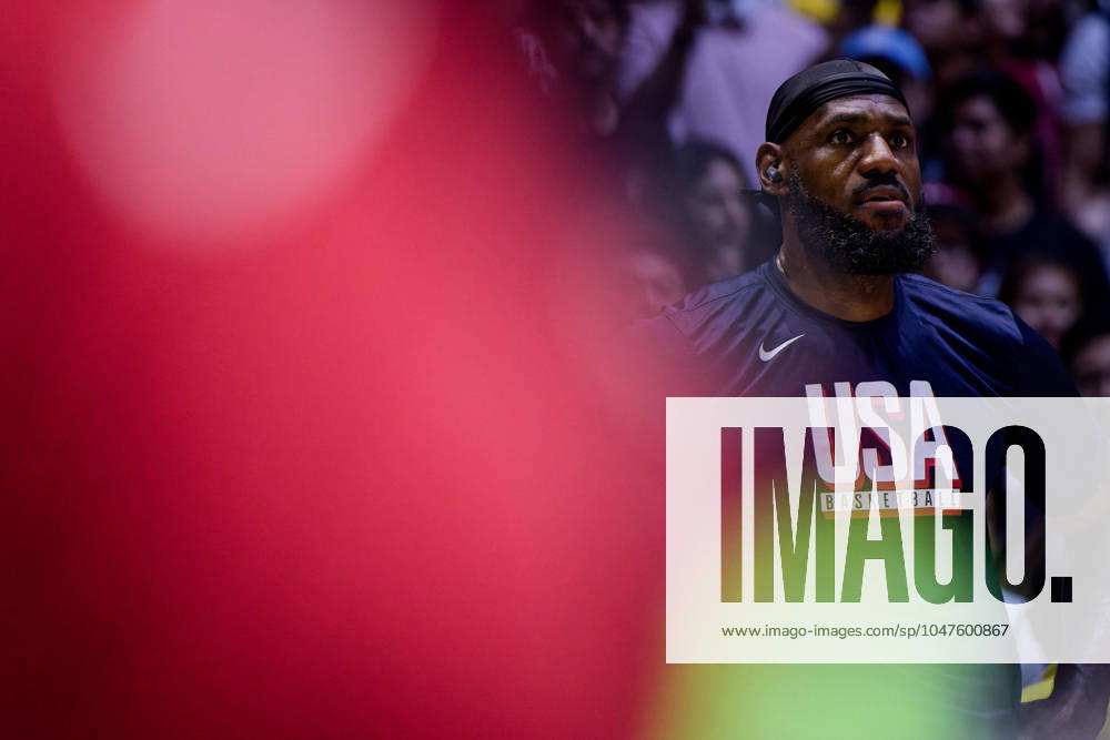London, England, July 20 2024: LeBron James (6 USA) warming up before the USA Basketball Showcase game between USA and South Sudan at The O2 Arena in London, England. (Pedro Porru SPP)