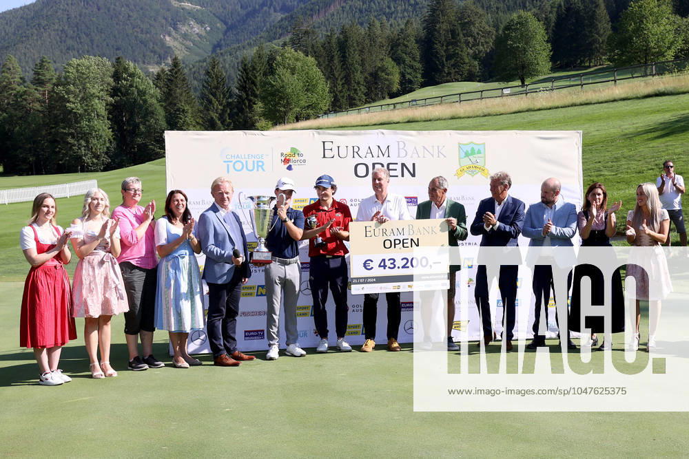GOLF - EURAM Bank Open 2024 RAMSAU,AUSTRIA,21.JUL.24 - GOLF - Challenge Tour, EURAM Bank Open, GC Adamstal. Image shows Lara Gudewej, Sophie Steinacher, mayor Gertraud Steinacher (Ramsau), Sandra Boehmwalder, Peter Gerstner (Land NOE), Frank Kennedy (GBR), Maximilian Steinlechner (AUT), Joachim Mei (Euram Bank), president Franz Wittmann (GC Adamstal), Robert Fiegl (OEGV), Stuart Hall (Europaen Challenge Tour), Rolanda Wittmann and Laura Kowald. GEPAxpictures Oberlaender